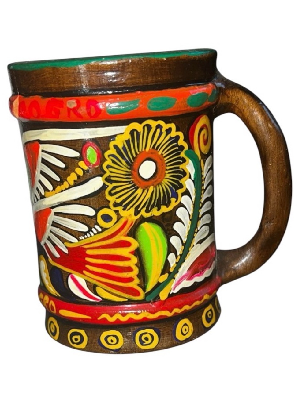 Vintage Mexican Hand-Painted Floral Clay Mug - Bright Multicolor